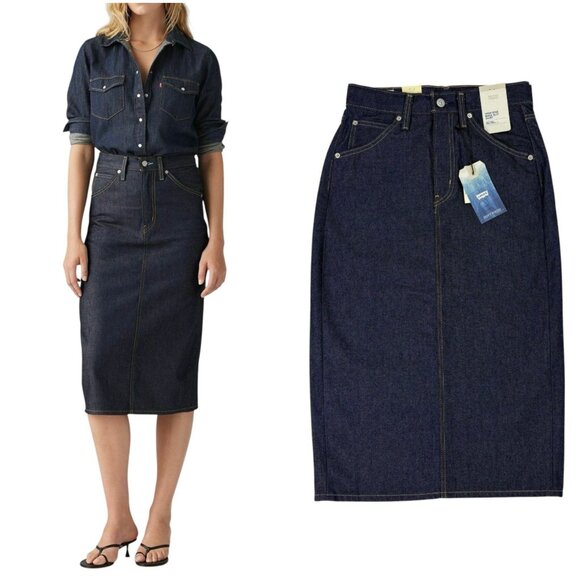 Levi’s Premium High-Rise Denim Midi Skirt NWT (XS / Size 4 / 26 Dark Wash) - Picture 1 of 16